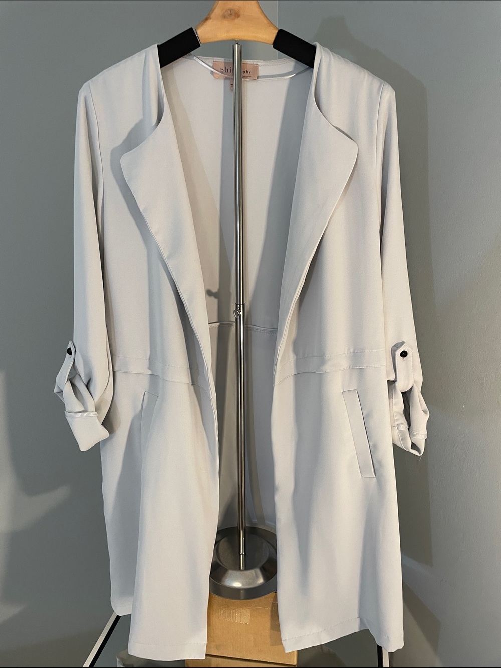 Philosophy Light Gray Open-Front Jacket duster trench style EUC